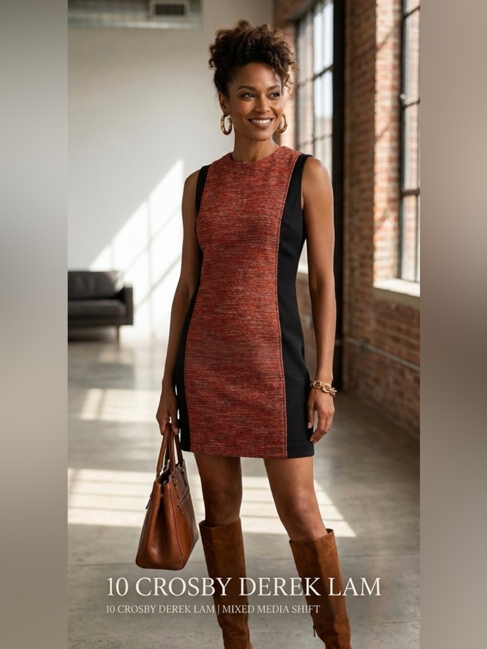 10 Crosby Derek Lam Luxury Mixed Media Shift Dress Burnt Orange Tweed & Silk 6